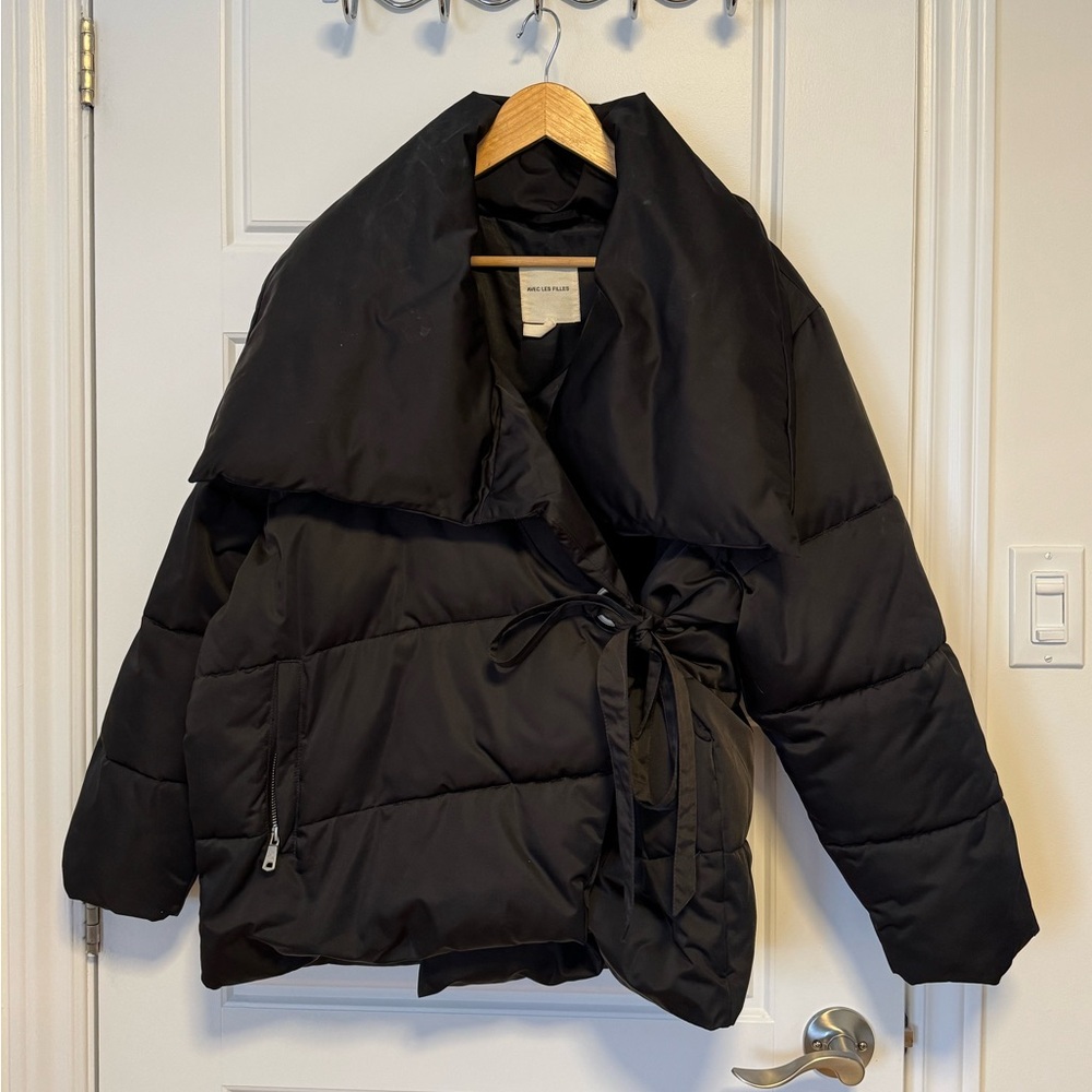 Avec Les Filles black sateen puffer wrap jacket